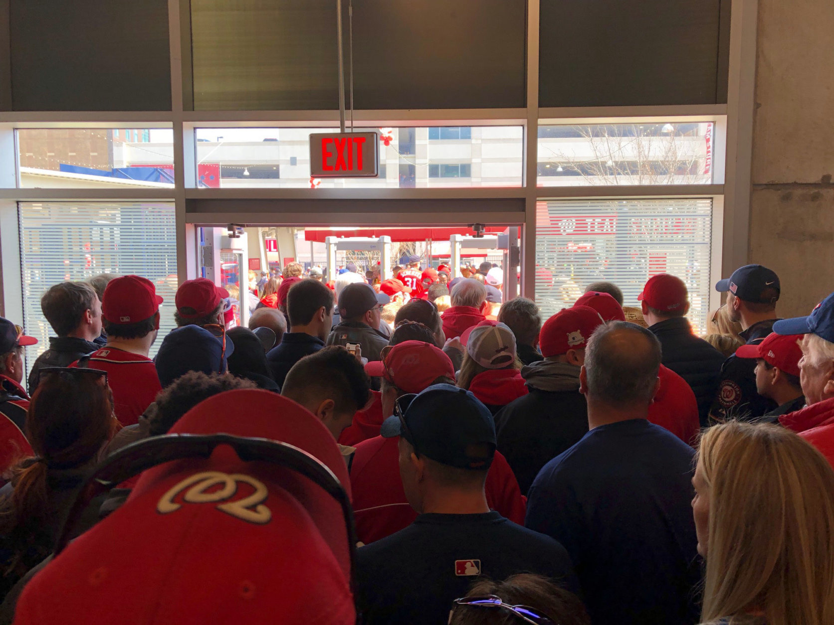 Crowds for opening day at Nationals Park are massive Thursday. (WTOP/Julia Ziegler)