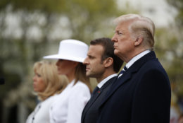 President Donald Trump, French President Emmanuel Macron, first lady Melania Trump and Brigitte Macron, stand during a State Arrival Ceremony on the South Lawn of the White House in Washington, Tuesday, April 24, 2018. (AP Photo/Carolyn Kaster)