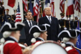 President Donald Trump and French President Emmanuel Macron stand during a State Arrival Ceremony on the South Lawn of the White House in Washington, Tuesday, April 24, 2018. (AP Photo/Pablo Martinez Monsivais)