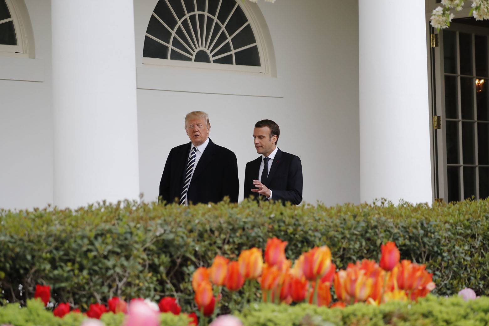 President Donald Trump and French President Emmanuel Macron walk to the Oval Office of the White House in Washington, Tuesday, April 24, 2018. Trump said the partnership he forged with Macron at the start of his presidency was a testament to the "enduring friendship that binds our two nations."  (AP Photo/Pablo Martinez Monsivais)