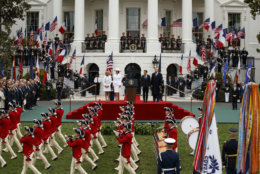 Brigitte Macron, first lady Melania Trump, French President Emmanuel Macron, and President Donald Trump look on during a State Arrival Ceremony on the South Lawn of the White House, Tuesday, April 24, 2018, in Washington. (AP Photo/Evan Vucci)