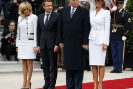 From left, Brigitte Macron, French President Emmanuel Macron, President Donald Trump and first lady Melania Trump, stand together during a State Arrival Ceremony on the South Lawn of the White House in Washington, Tuesday, April 24, 2018. (AP Photo/Carolyn Kaster)