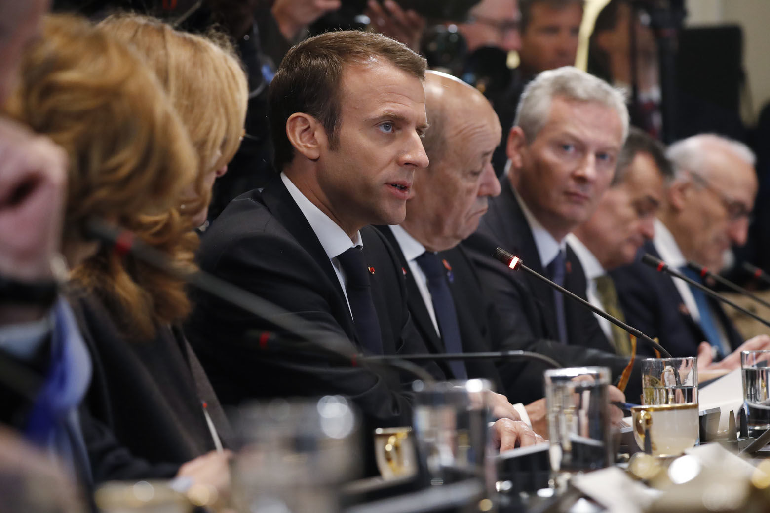 French President Emmanuel Macron speaks during a meeting with President Donald Trump in the Cabinet Room of the White House in Washington, Tuesday, April 24, 2018. (AP Photo/Pablo Martinez Monsivais)
