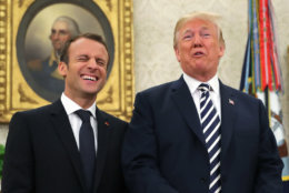 President Donald Trump and French President Emmanuel Macron talk to the media at the beginning or their in Oval Office of the White House in Washington, Tuesday, April 24, 2018. (AP Photo/Pablo Martinez Monsivais)