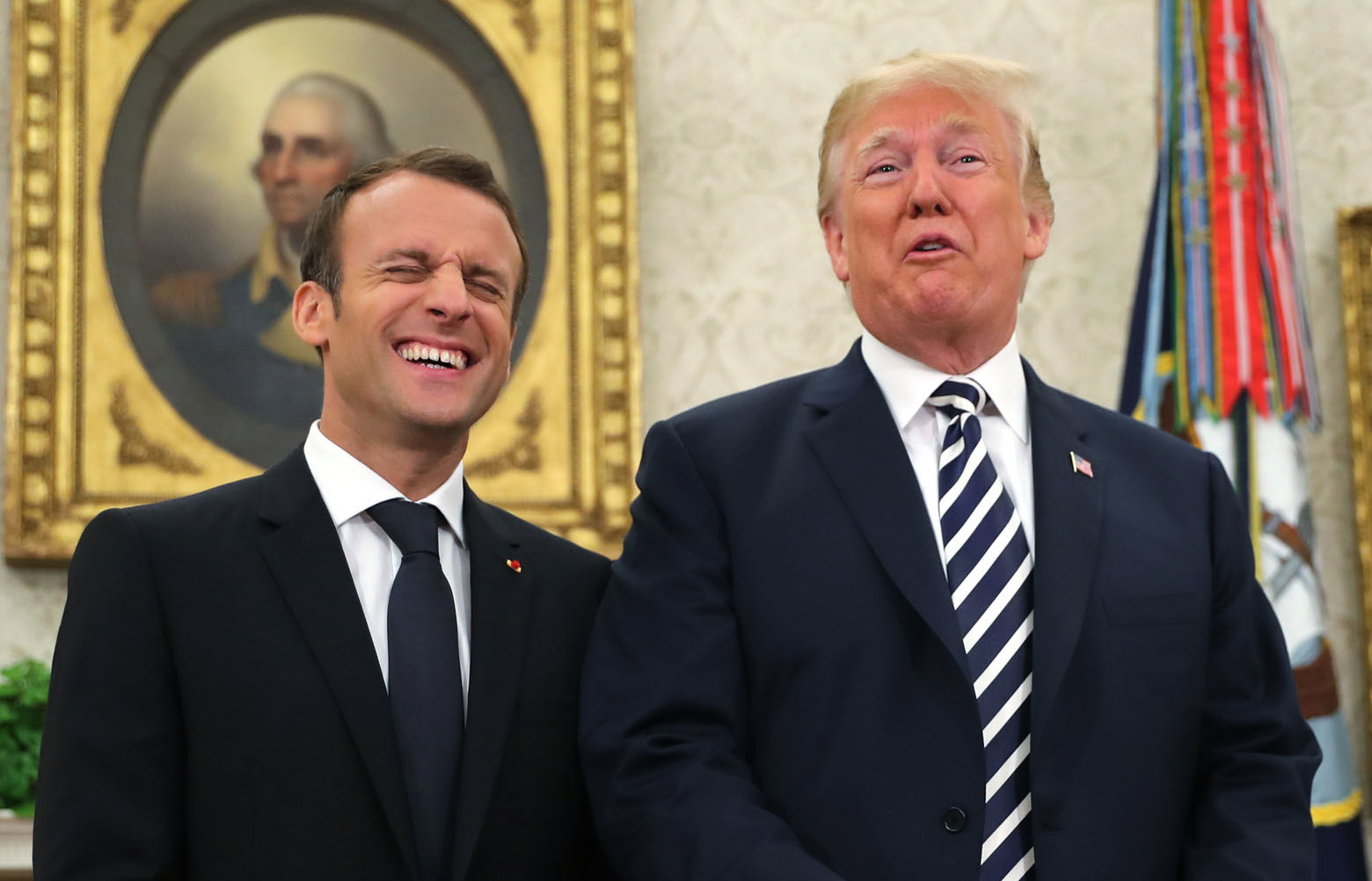 President Donald Trump and French President Emmanuel Macron talk to the media at the beginning or their in Oval Office of the White House in Washington, Tuesday, April 24, 2018. (AP Photo/Pablo Martinez Monsivais)