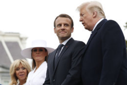 President Donald Trump, French President Emmanuel Macron, first lady Melania Trump, and Brigitte Macron stand during a State Arrival Ceremony on the South Lawn of the White House in Washington, Tuesday, April 24, 2018. (AP Photo/Pablo Martinez Monsivais)