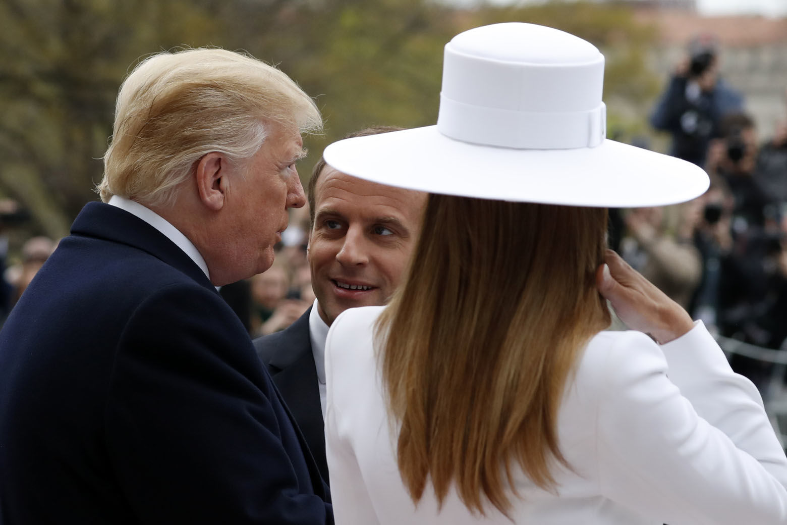 President Donald Trump and first lady Melania Trump greet French President Emmanuel Macron during a State Arrival Ceremony on the South Lawn of the White House in Washington, Tuesday, April 24, 2018. (AP Photo/Pablo Martinez Monsivais)