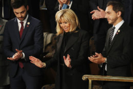 Brigitte Macron waves as she arrives ahead of French President Emmanuel Macron address to a joint meeting of Congress on Capitol Hill in Washington, Wednesday, April 25, 2018. (AP Photo/Pablo Martinez Monsivais)