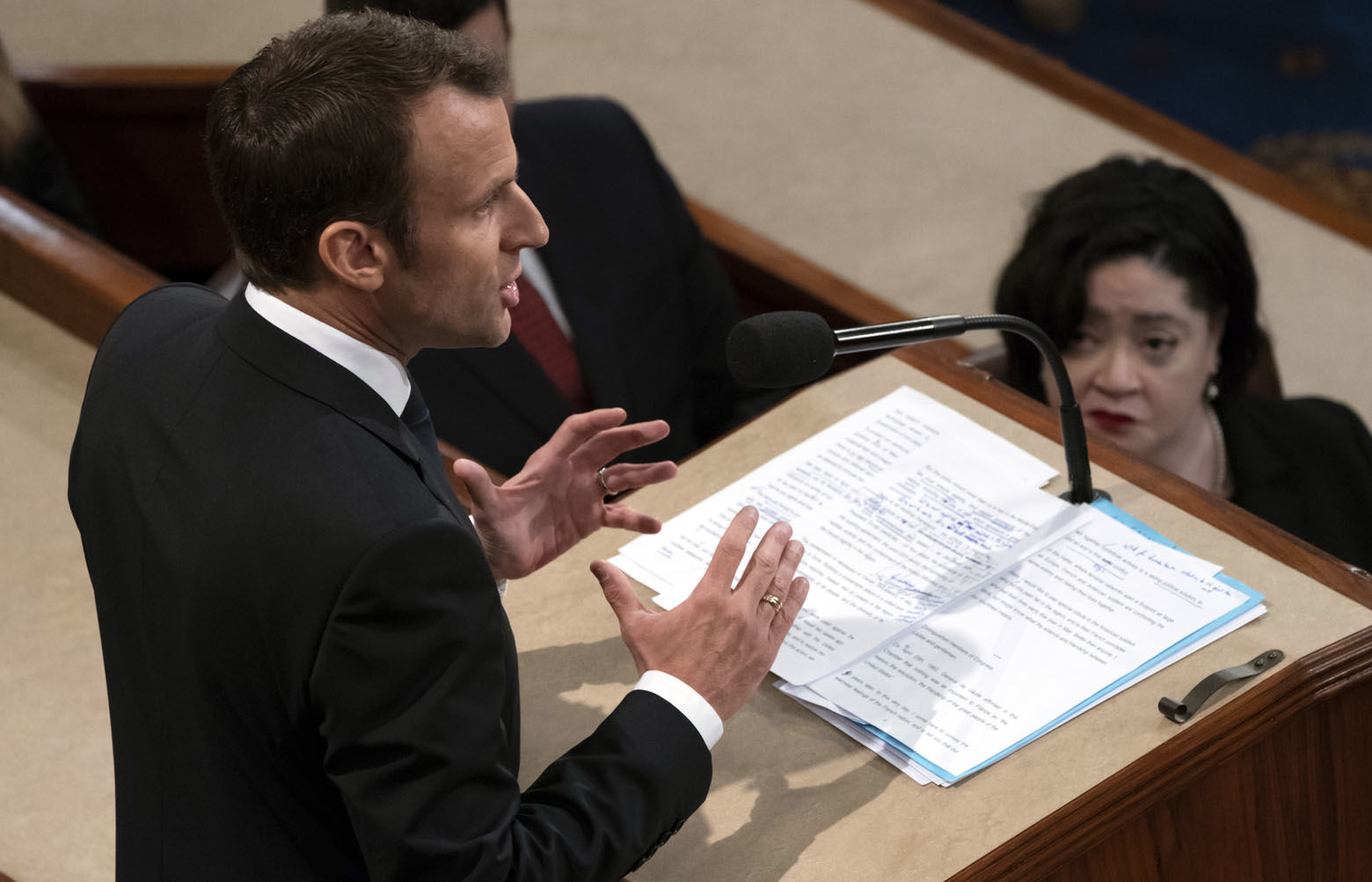 French President Emmanuel Macron speaks to a joint meeting of Congress at the Capitol in Washington, Wednesday, April 25, 2018. Macron urged the United States not to retreat from world affairs, but to embrace its historic role as a military leader of world affairs. (AP Photo/J. Scott Applewhite)