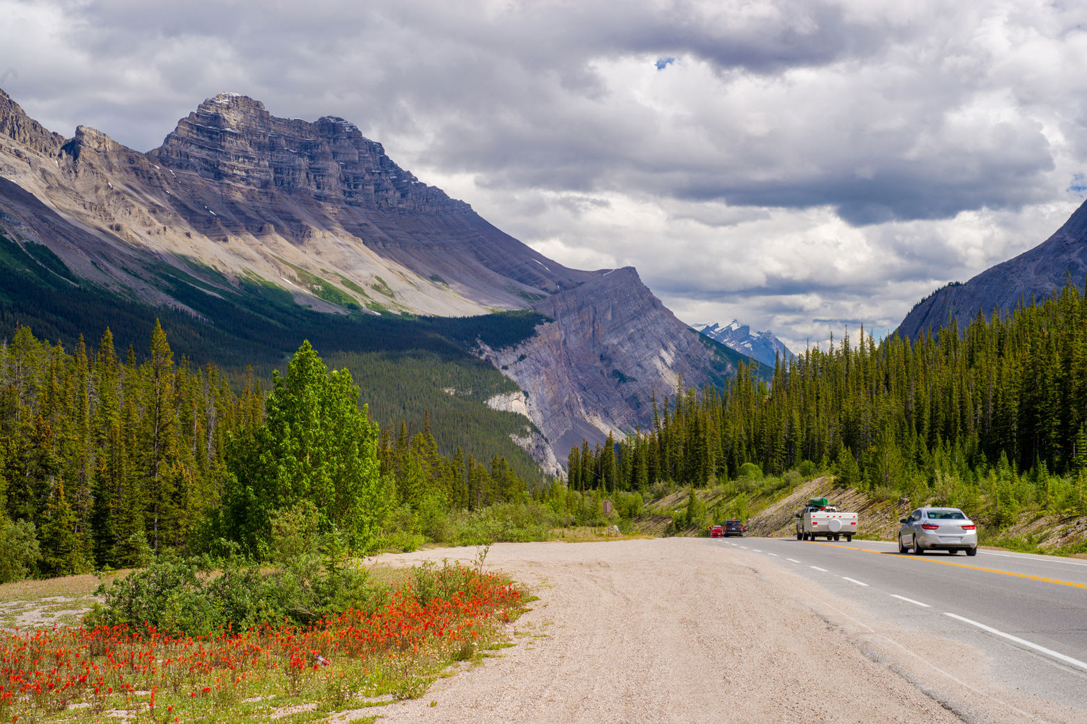 heading down from sunwapta pass, on the icefield parkway, banff national park, alberta, canada.
