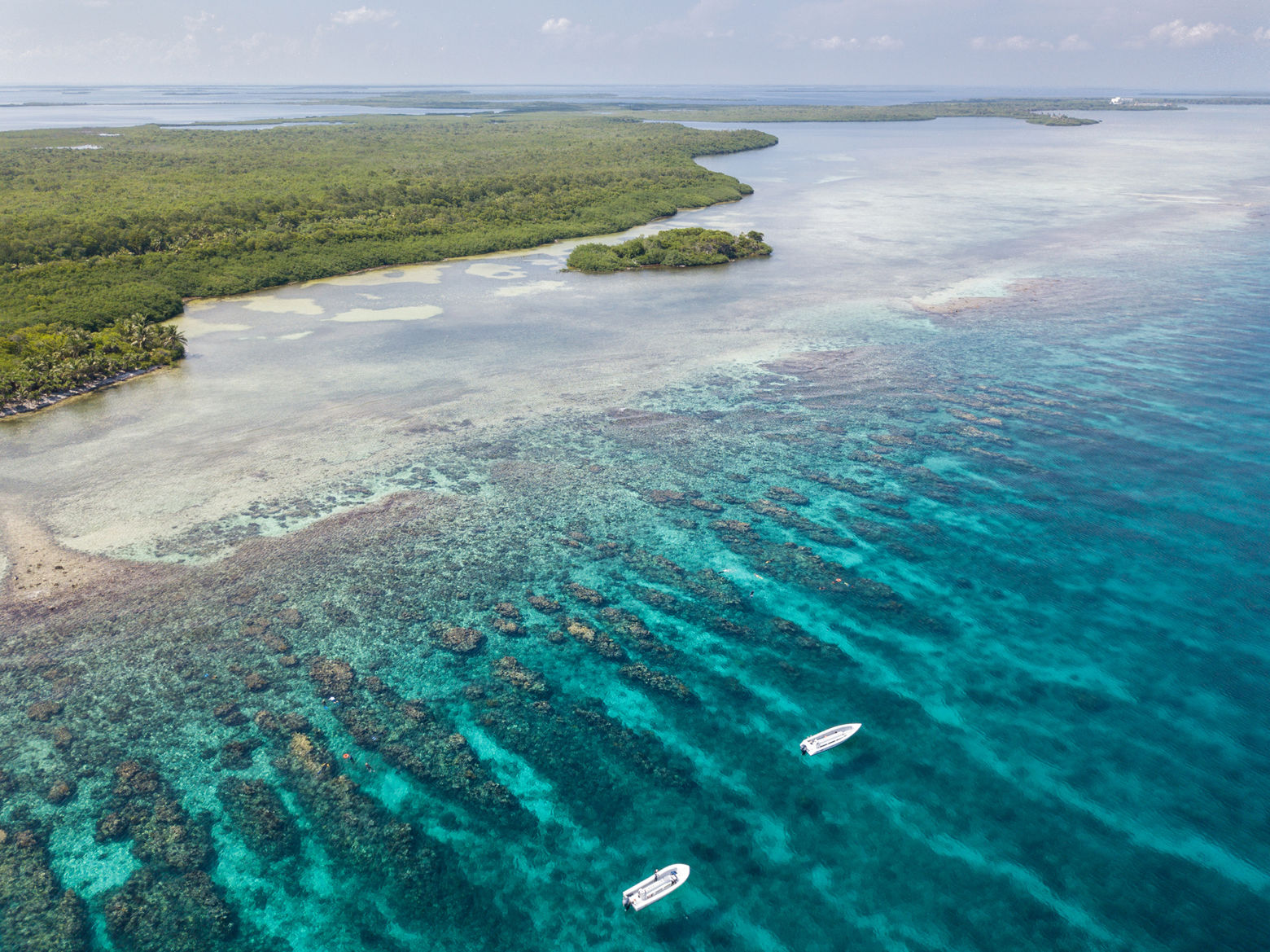 An aerial view of the barrier reef along Turneffe Atoll in Belize reveals spur and groove channels that exist near shore. This type of reef often develops on windward sides of islands.