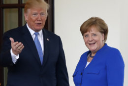 President Donald Trump greets German Chancellor Angela Merkel, Friday April 27, 2018, at the White House in Washington. (AP Photo/Jacquelyn Martin)