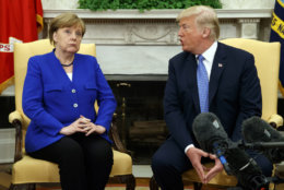 President Donald Trump meets with German Chancellor Angela Merkel in the Oval Office of the White House, Friday, April 27, 2018, in Washington. (AP Photo/Evan Vucci)
