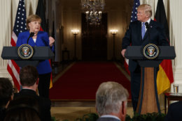 German Chancellor Angela Merkel speaks during a news conference with President Donald Trump in the East Room of the White House, Friday, April 27, 2018, in Washington. (AP Photo/Evan Vucci)