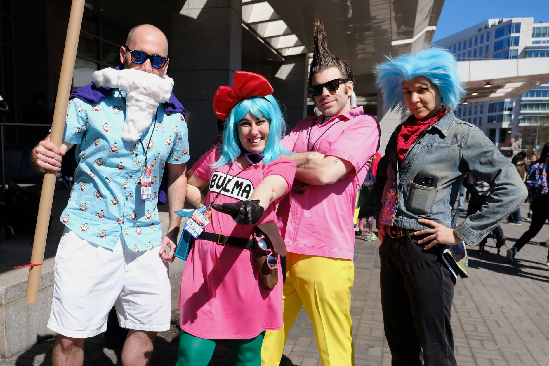 Attendees dressed as Master Roshi, Bulma, Vegeta and Trunks from "Dragon Ball Z" arrive at Awesome Con 2018 at the Walter E. Washington Convention Center, Washington, D.C. (Shannon Finney)