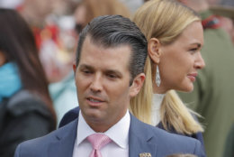 Donal Trump Jr., left, and Vanessa Trump, right, arrive with their children to participate in the annual White House Easter Egg Roll on the South Lawn of the White House in Washington, Monday, April 2, 2018. (AP Photo/Pablo Martinez Monsivais)