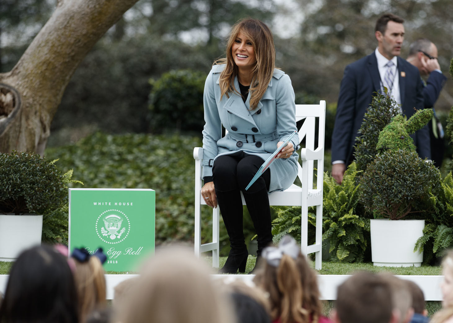 First lady Melania Trump arrives to read from the book "You!" By Sandra Magsamen at the White House in Washington, Monday, April 2, 2018, during the annual White House Easter Egg Roll. (AP Photo/Carolyn Kaster)