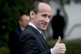 President Donald Trump's White House Senior Adviser Stephen Miller gives a thumbs up to a member of the audience as he attends the annual White House Easter Egg Roll on the South Lawn of the White House in Washington, Monday, April 2, 2018. (AP Photo/Andrew Harnik)