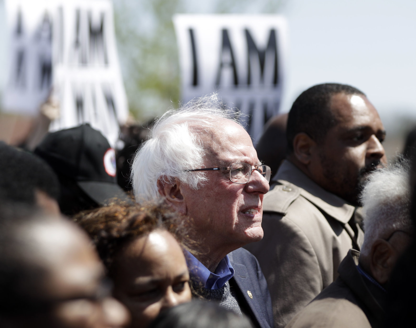 Sen. Bernie Sanders, I-Vt., takes part in a march commemorating the 50th anniversary of the assassination of Rev. Martin Luther King Jr. Wednesday, April 4, 2018, in Memphis, Tenn. King was assassinated April 4, 1968, while in Memphis supporting striking sanitation workers. (AP Photo/Mark Humphrey)