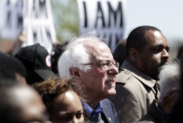 Sen. Bernie Sanders, I-Vt., takes part in a march commemorating the 50th anniversary of the assassination of Rev. Martin Luther King Jr. Wednesday, April 4, 2018, in Memphis, Tenn. King was assassinated April 4, 1968, while in Memphis supporting striking sanitation workers. (AP Photo/Mark Humphrey)
