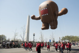 IMAGE DISTRIBUTED NHK WORLD - NHK WORLD-JAPAN's mascot, Domo, floats above the parade route near the Washington Monument during the National Cherry Blossom Festival Parade on Saturday, April 14, 2018 in Washington. (Kevin Wolf/AP Images for NHK World)