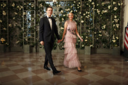 Jared Kushner and Ivanka Trump arrive for a State Dinner with French President Emmanuel Macron and President Donald Trump at the White House, Tuesday, April 24, 2018, in Washington. (AP Photo/Alex Brandon)