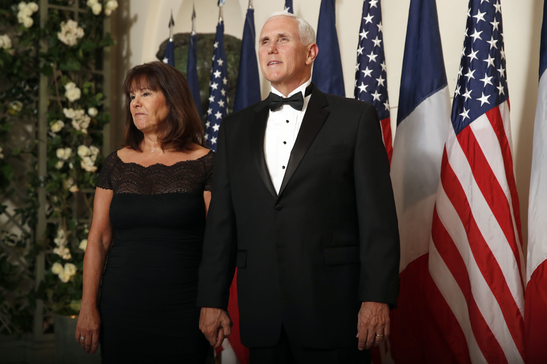 Karen Pence and Vice President Mike Pence arrive for a State Dinner with French President Emmanuel Macron and President Donald Trump at the White House, Tuesday, April 24, 2018, in Washington. (AP Photo/Alex Brandon)