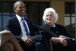 President Barack Obama shares a laugh with former first lady Barbara Bush at the dedication of the George W. Bush presidential library on the campus of Southern Methodist University in Dallas, Thursday, April 25, 2013. (AP Photo/Charles Dharapak)