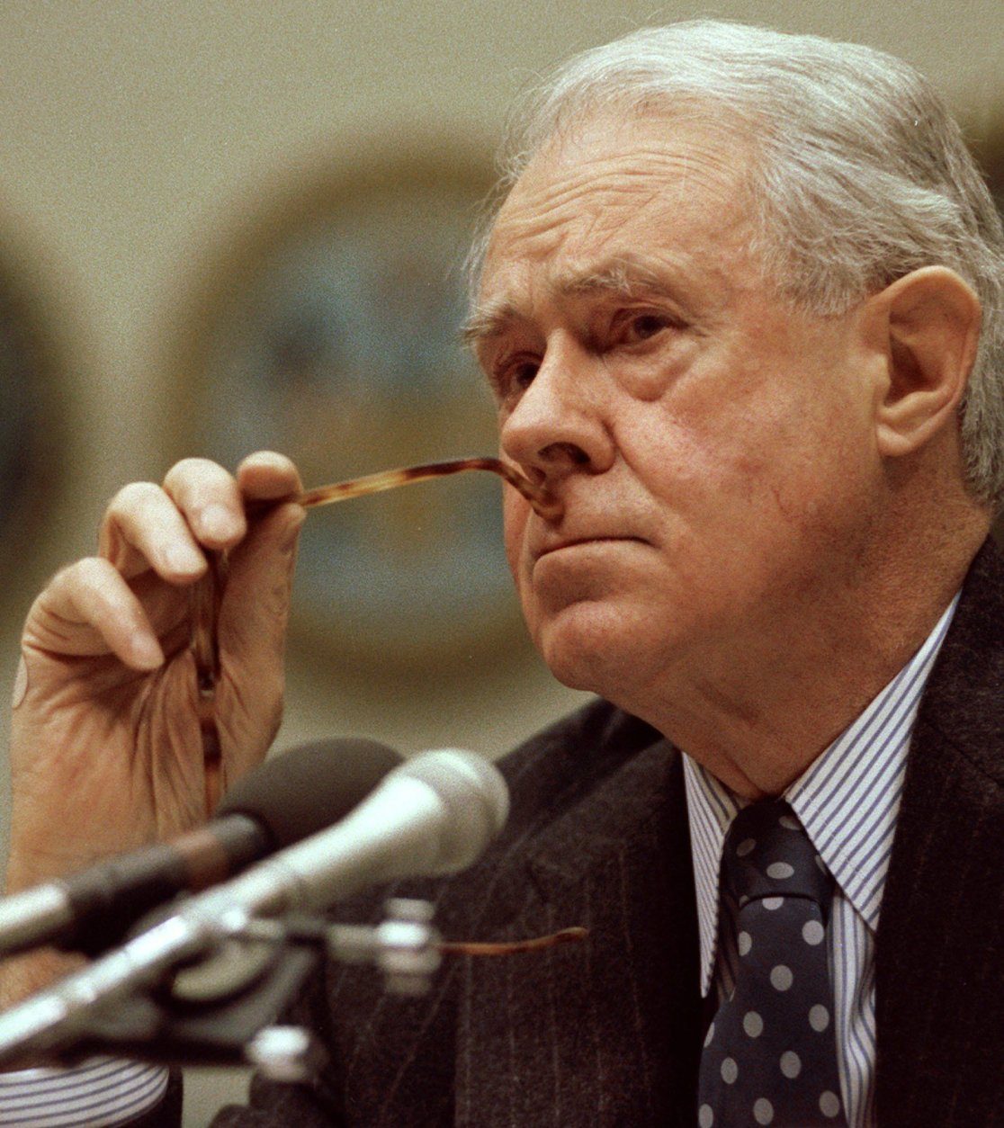 Former Secretary of State Cyrus Vance listens during his testimony on the Persian Gulf crisis before the House Armed Services Committee on Capitol Hill on Dec. 19, 1990 in Washington. Vance, who resigned as President Carter's Secretary of State over an ill-fated attempt to save American hostages from Iran, has died. He was 84.  (AP Photo/John Duricka)