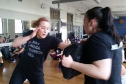 In recognition of Sexual Assault Awareness Month, Krav Maga in Capitol Hill hosted a women’s self-defense seminar Saturday.  (WTOP/Kathy Stewart)