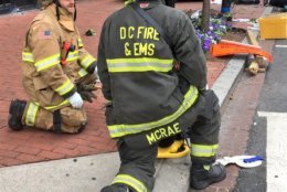 Several pedestrians are injured after a car jumped the curb and drove onto the sidewalk following a crash in downtown D.C. Tuesday. (Courtesy DC Fire and EMS)