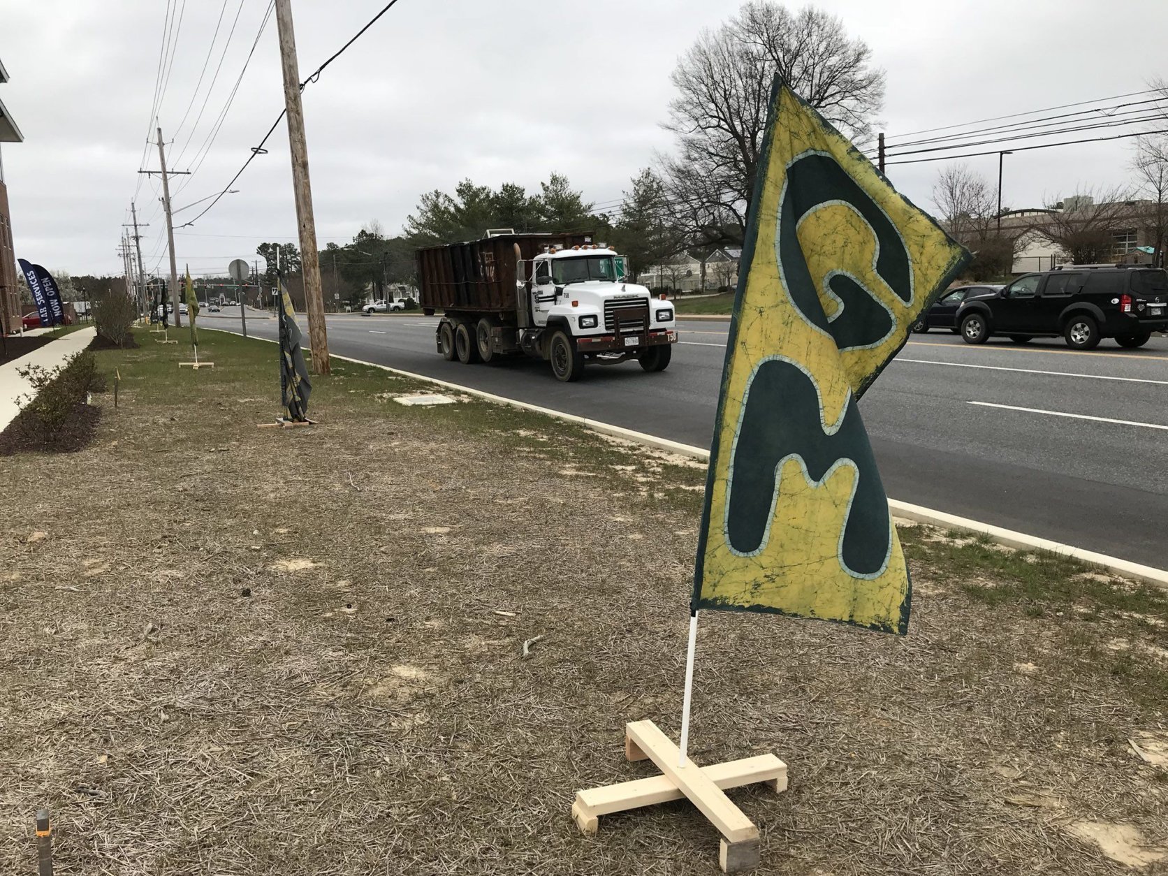 A flag outside Great Mills High School April 3, 2018. (WTOP/Michelle Basch)