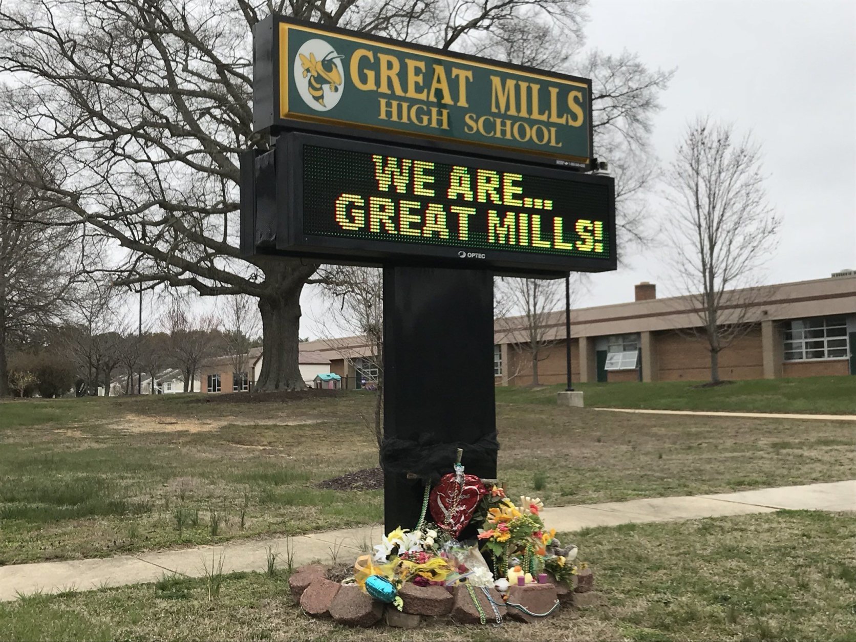 The sign outside Great Mills High School on April 3, 2018, the day classes resumed two weeks after a fatal shooting. (WTOP/Michelle Basch)