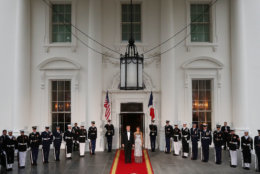 WASHINGTON, DC - APRIL 24:  U.S President Donald Trump, and U.S. first lady Melania Trump wait for the arrival of French President Emmanuel Macron, French first lady Brigitte Macron at the North Portico for before a State Dinner at the White House April 24, 2018 in Washington, DC. Trump is hosting Macron for a two-day official visit that included dinner at George Washington's Mount Vernon, a tree planting on the White House South Lawn and a joint news conference.  (Photo by Mark Wilson/Getty Images)