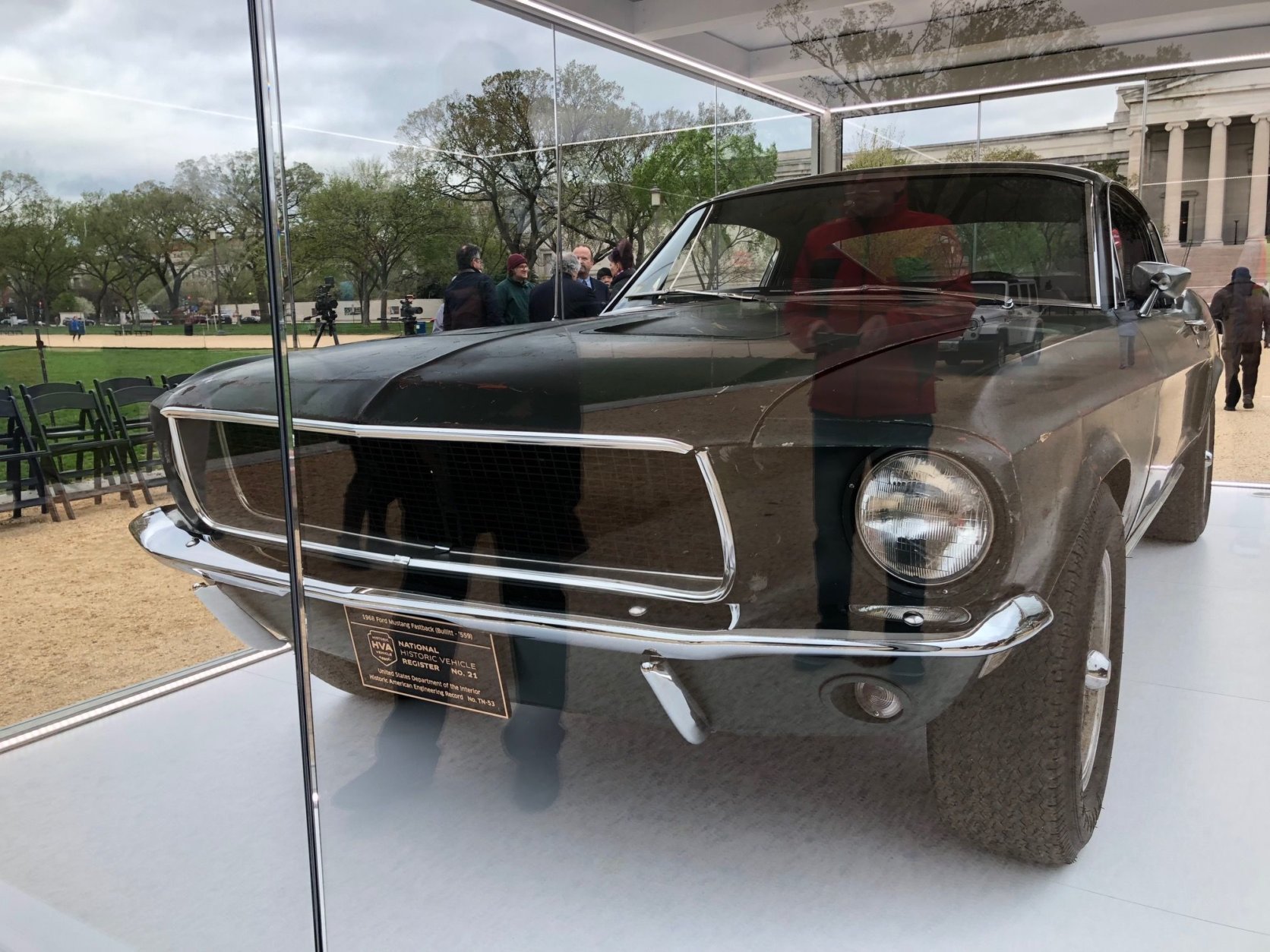 This week, the original 1968 Mustang from the action flick "Bullitt" (1968) with Steve McQueen is on display on the National Mall marking National Mustang Day on Tuesday and staying on display through Sunday as part of a weeklong event, sponsored by the Historic Vehicle Association. (WTOP/John Aaron)