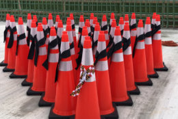 Traffic cones symbolize the number of deaths in work zones in Maryland. (WTOP/Kate Ryan)