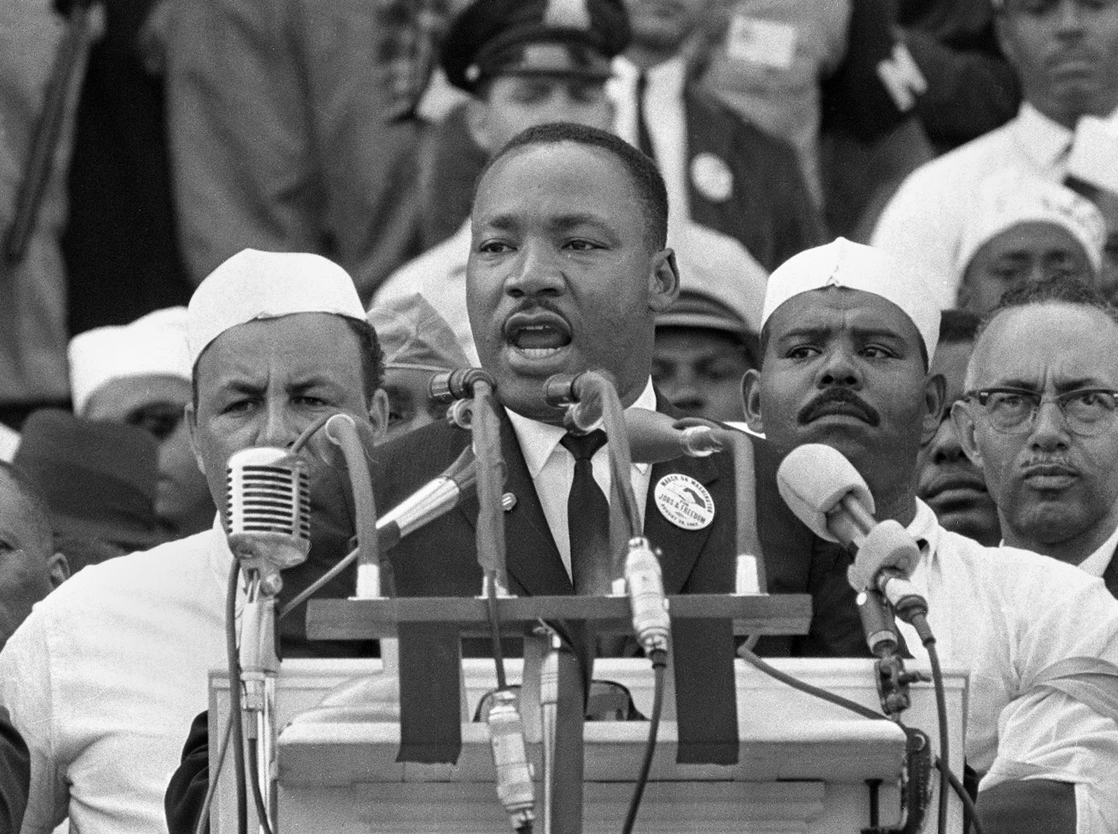 FILE- In this Aug. 28, 1963, black-and-white file photo Dr. Martin Luther King Jr. addresses marchers during his "I Have a Dream" speech at the Lincoln Memorial in Washington. (AP Photo/File)