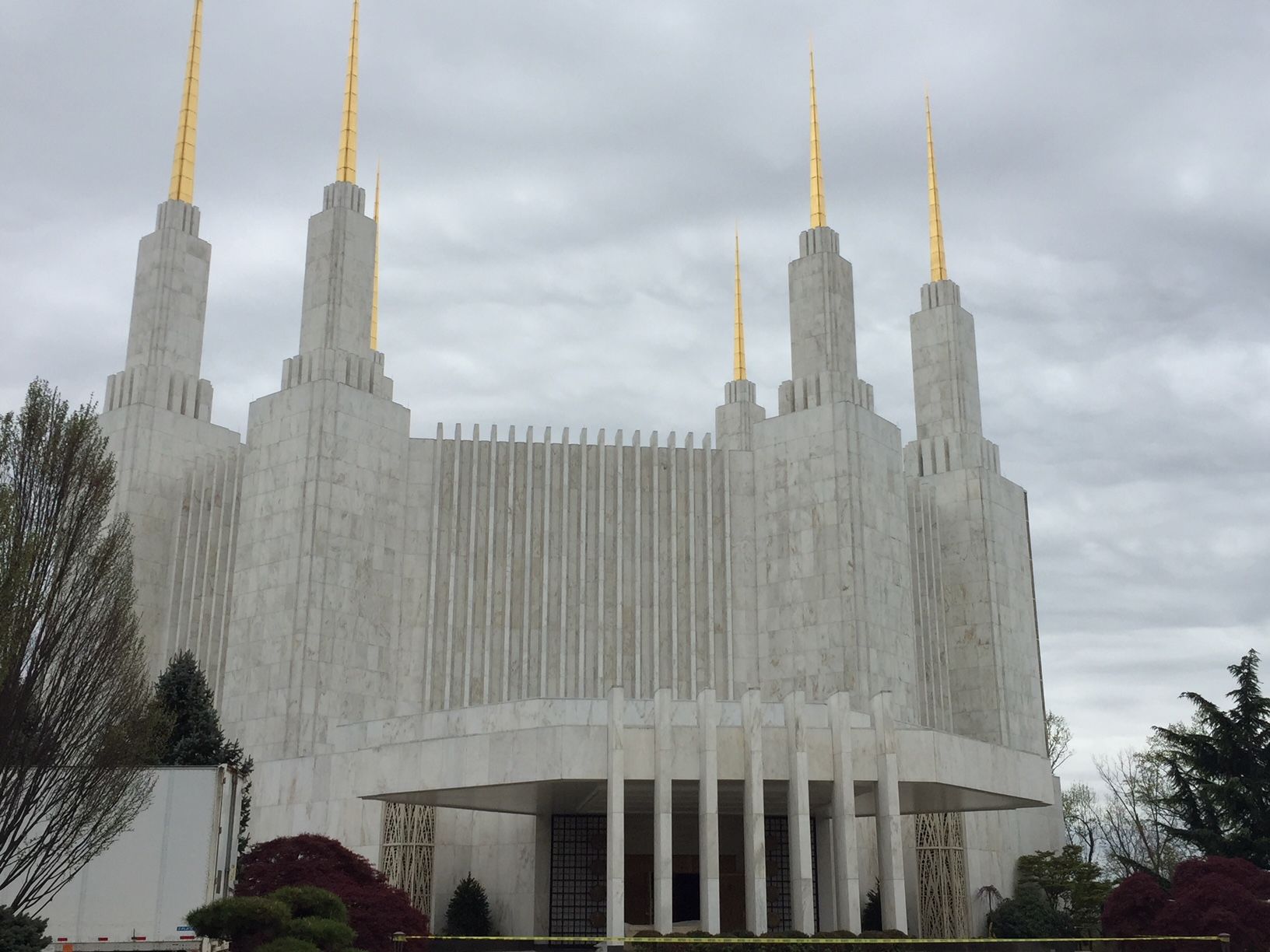 The Mormon Temple in Kensington, Maryland, looms over the Beltway. It sits on a hill, making it look even taller. (WTOP/John Domen)