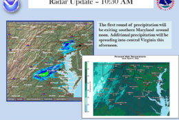 The first round of rain/snow is over, but a second round will be hitting parts of Virginia on Saturday afternoon. (Courtesy National Weather Service)