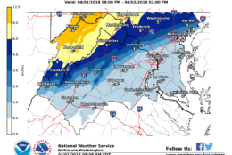 The National Weather Service said the higher amount of snow totals is unlikely, with only a 10 percent chance that more snow will fall, but it is a "reasonable upper-end snowfall amount" based on many computer models and can help serve as "an upper-end scenario for planning purposes." (Courtesy National Weather Service)