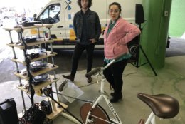 Artists Alex Braden and Emily Francisco created Bipedal Soundscapes — a bicycle-powered, five-tiered turntable. (WTOP/Neal Augenstein)