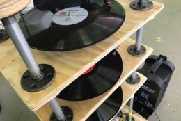 With five turntables playing records simultaneously, the results can be cacophonous. (WTOP/Neal Augenstein)