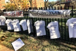 Students at Bethesda-Chevy Chase High School display 199 T-shirts to represent the teens killed by guns in 2018. (WTOP/Neal Augenstein) 