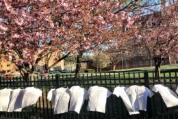 Students at Bethesda-Chevy Chase High School display 199 T-shirts at the school's fence to represent the teens killed by guns in 2018. (WTOP/Neal Augenstein) 