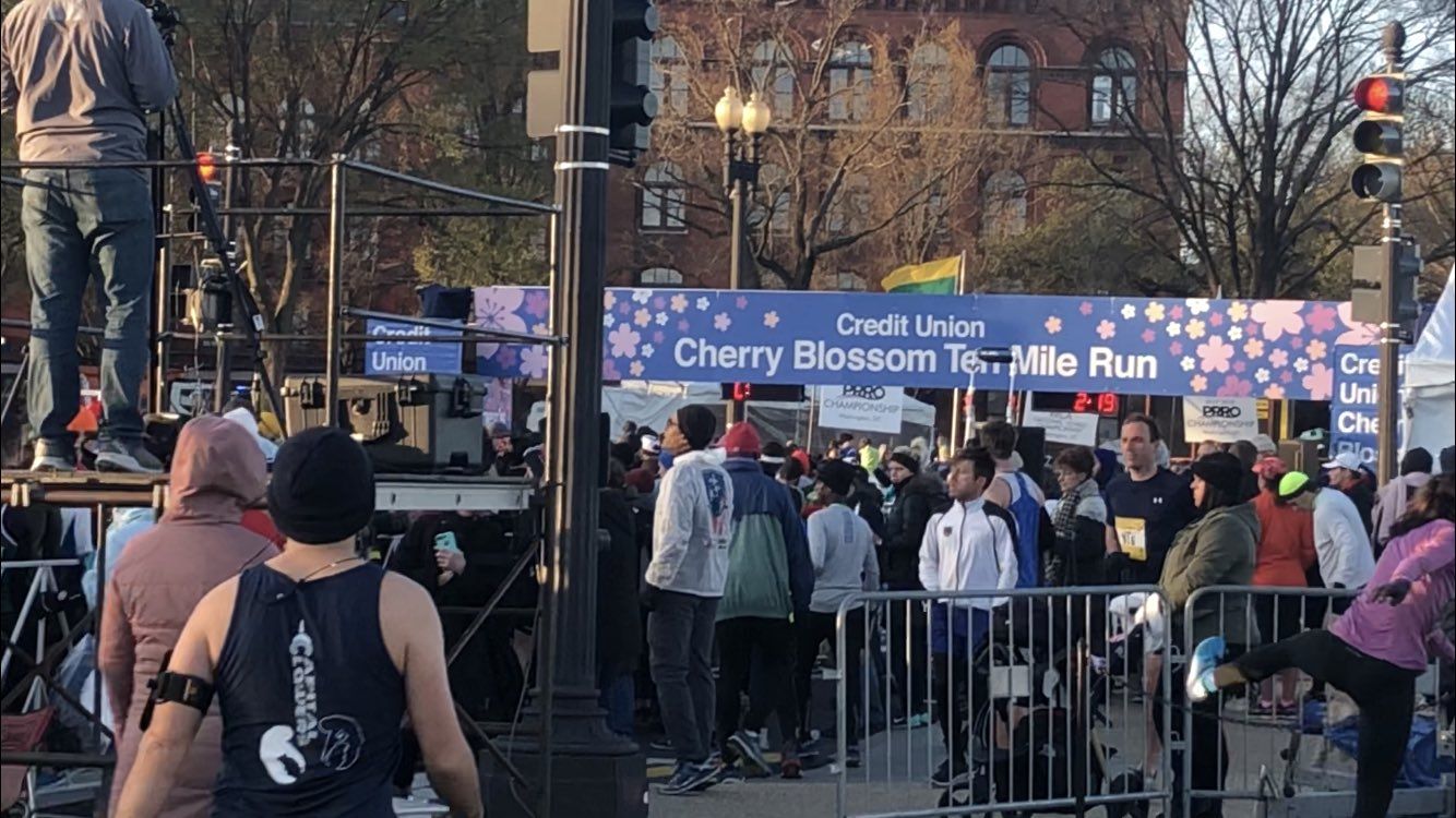 Crowds gather for the 2018 Credit Union Cherry Blossom Ten Mile Run. (WTOP/Melissa Howell)