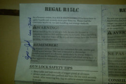 Regal R15LC Gun Lock Safety Instructions with Jared Lee Loughner's writing in blue ink was recovered following the  shooting. (Courtesy FBI)