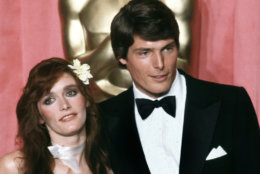 Actress Margot Kidder, left, and actor Christopher Reeve pose in front of Oscar at the 51st Annual Academy Awards ceremony in Los Angeles, Calif., April 9, 1979.  Kidder portrayed Lois Lane opposite Reeve in "Superman. The Movie received an award for special achievement and received nominations for film editing, best original score and best original sound."  (AP Photo/Reed Saxon)