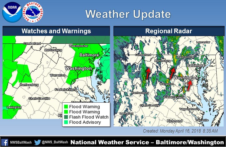 Flood watches and warnings updated by the National Weather Service Baltimore/Washington.