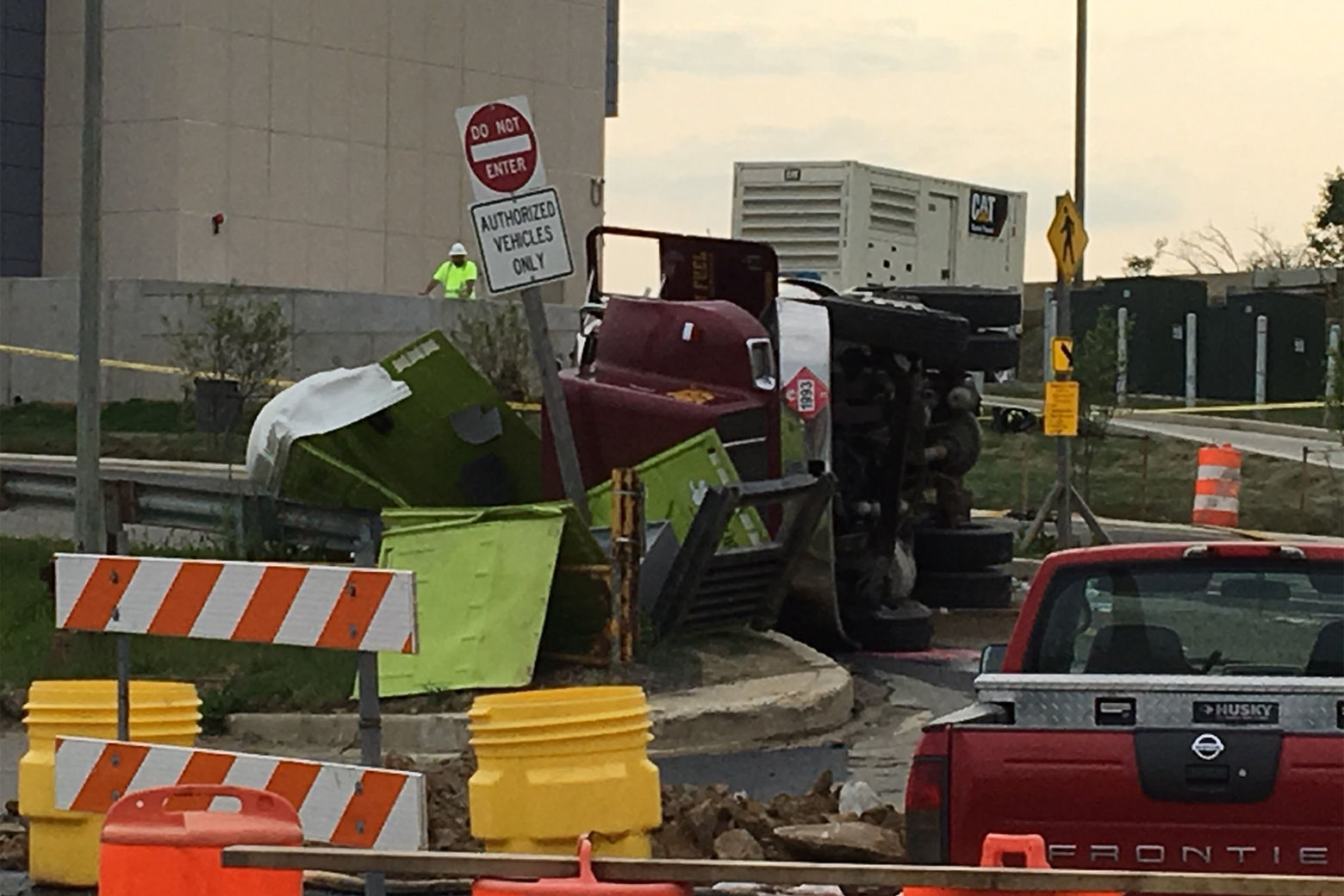 A tanker truck carrying 1700 gallons of diesel fuel overturned on South Capitol Street in Southeast D.C. during the Friday morning commute, spilling fuel into the roadway. (Courtesy D.C. Fire and EMS)
