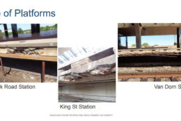 Photographs included in the documents show crumbling conditions on the platforms at the Braddock Road, King Street and Van Dorn stations. (Courtesy WMATA)